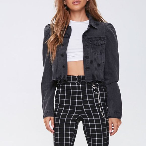 Forever 21 Frayed Puff-Sleeve Denim Jacket Size Small Color Washed Black - Picture 10 of 11